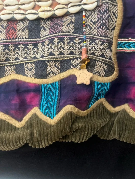 One of a kind. Patchwork Embellished Multicolor Bomber Jacket with Shell Accents - Picture 8 of 16